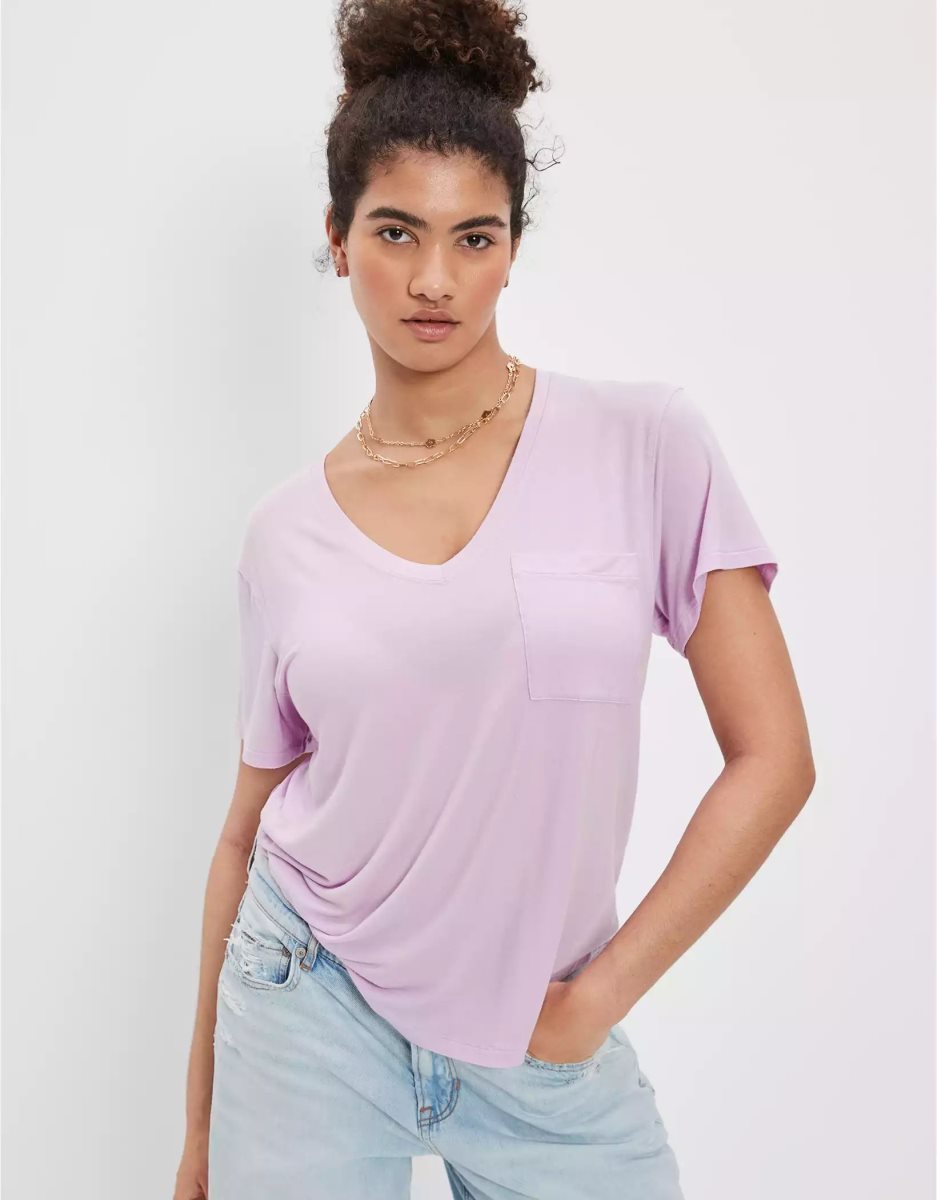 T Shirts American Eagle AE Soft & Sexy V-Neck Pocket Tee Lavande Femme | ILH-84401164